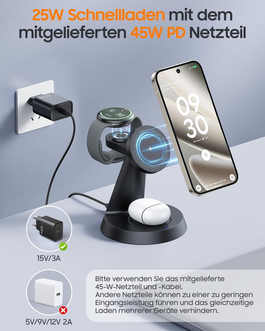 Meifigno 25W 3 in 1 Induktive Ladestation für Google Pixel Watch 3 &amp; 2 Only for Pixel Watch 3/2 Schw