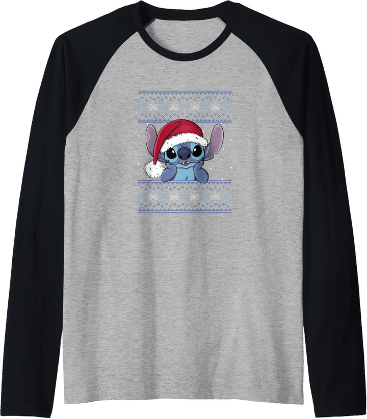 Disney Lilo & Stitch In Santa Hat Ugly Sweater Snow Oooooh Raglan