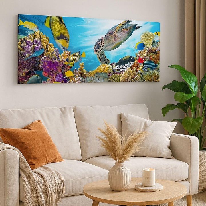 Wandbilder Dekoration Wohnzimmer Riff Koralle Fisch Panorama Bilder auf Leinwand 120x50cm Leinwandbi