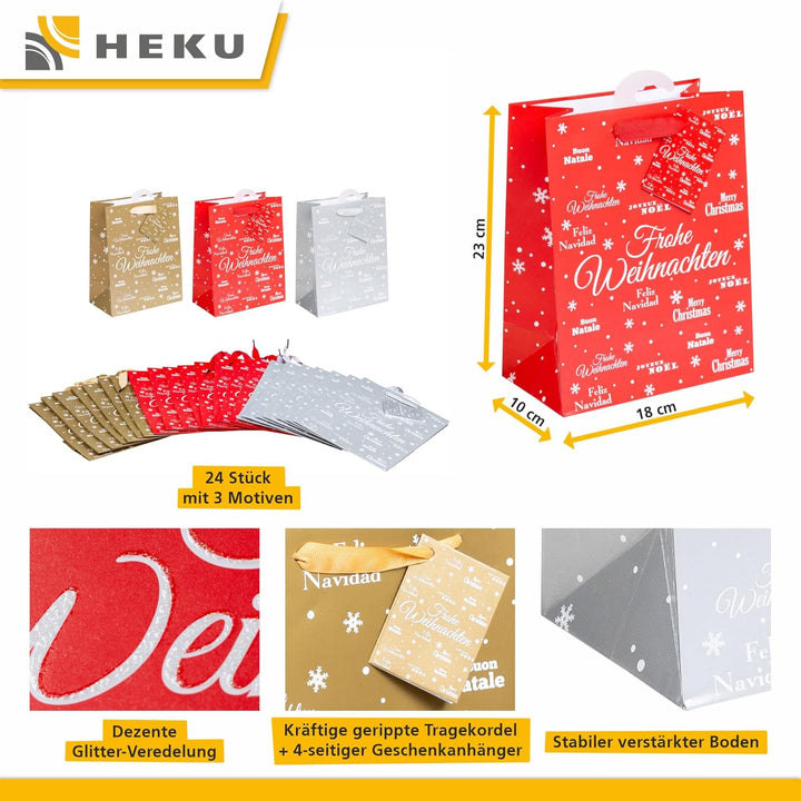 HEKU Geschenktaschen-Set, Glitter 'Merry X-Mas' Design I 24 Stück in 3 Farben (Rot, Gold, Silber) I