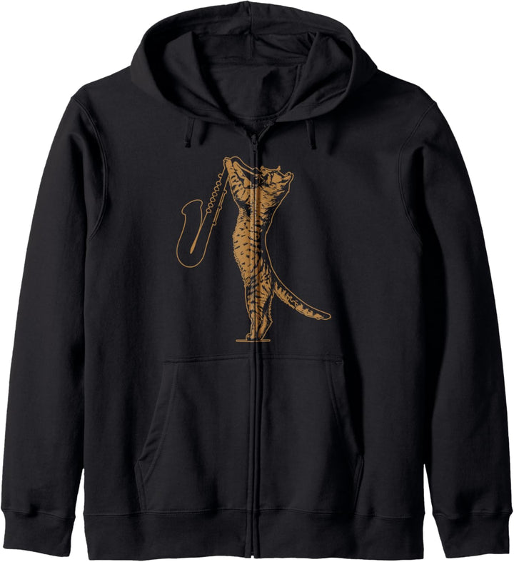 Katze spielt Saxophon spielende Katze Saxophonist Musiker Kapuzenjacke