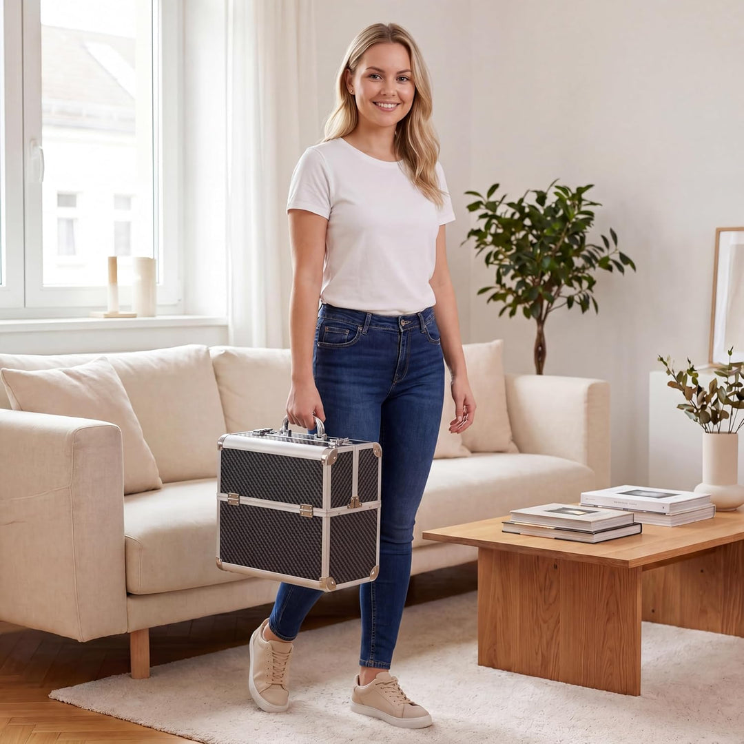 N&BF Kosmetikkoffer Gross Schwarz Carbon | Abschliessbarer Schminkkoffer & Beautycase aus Aluminium