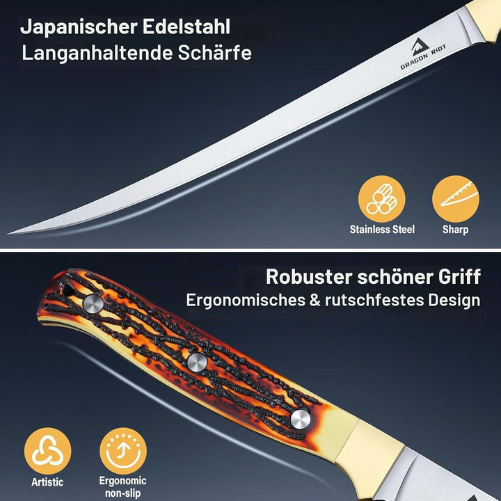 DRAGON RIOT Filetiermesser Fisch, 22 CM Fishing Edelstahl Fischmesser mit Anti-Rutsch-Griff，Ausbeinm