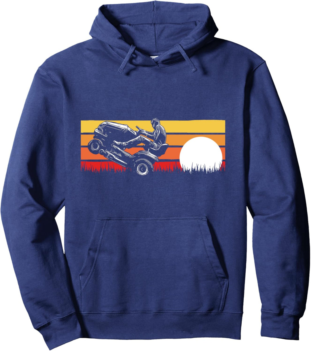Riding Lawn Mower Wheelie Funny Vintage Eighties Sunset 80s Pullover Hoodie