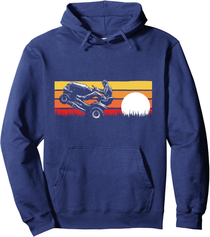 Riding Lawn Mower Wheelie Funny Vintage Eighties Sunset 80s Pullover Hoodie