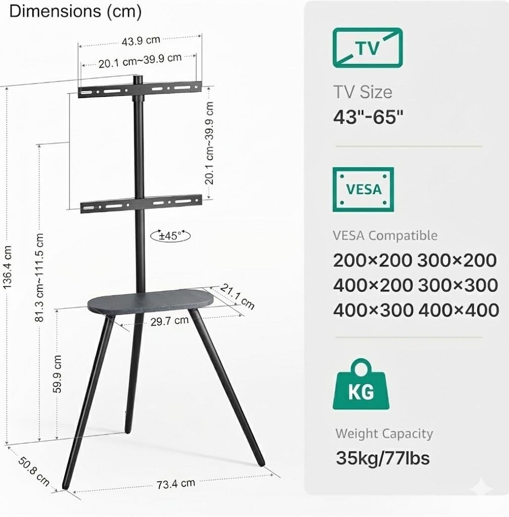 TV Ständer für 43 bis 65 Zoll LCD LED OLED Bildschirm bis zu 35 kg, Höhenverstellbar und Schwenkbar,