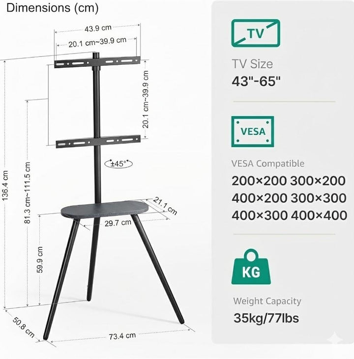 TV Ständer für 43 bis 65 Zoll LCD LED OLED Bildschirm bis zu 35 kg, Höhenverstellbar und Schwenkbar,