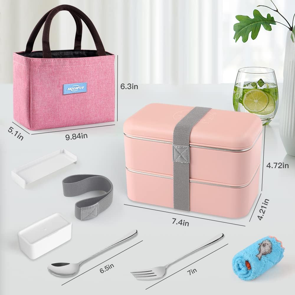 Bento Box, Lunchbox Brotdose mit Fächern 2 Ebenen mit 2 Stück Umweltfreundlichen PP & Edelstahlbehäl