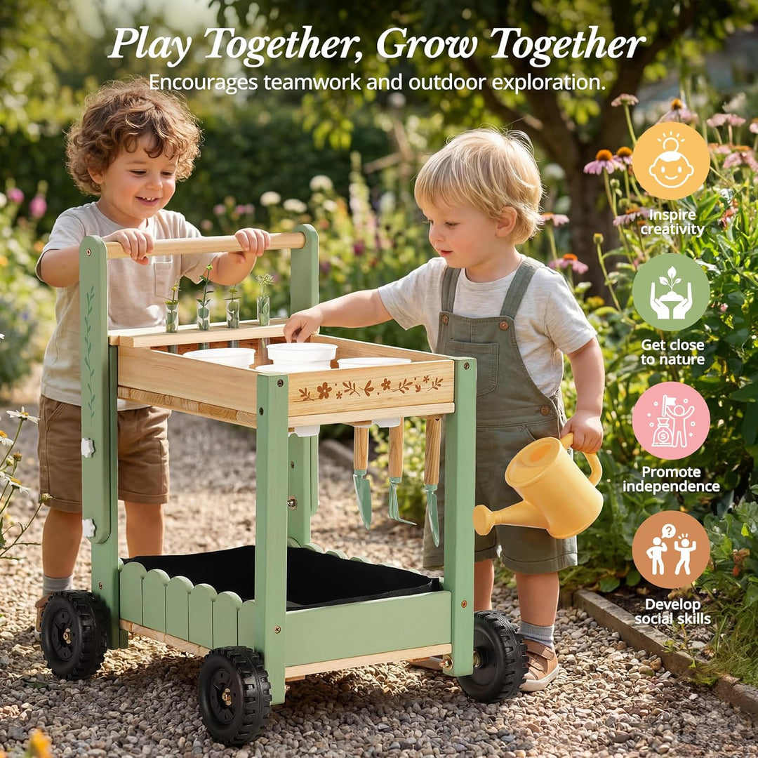 ROBOTIME Holz Gartenwagen für Kinder, Outdoor Garten-Trolley mit 4 Pflanzbechern & 4 Hydroponik-Reag