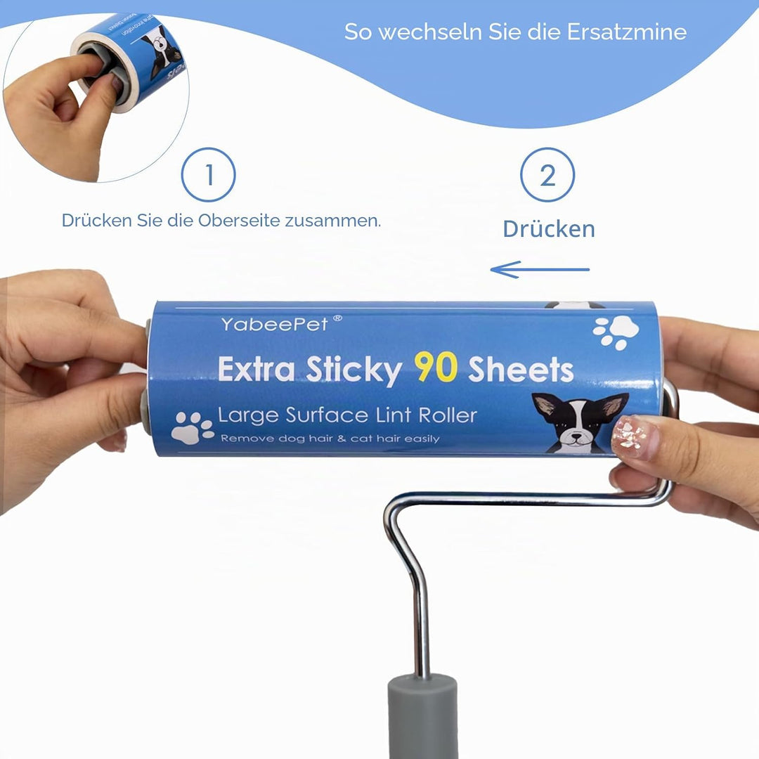 Extrem klebriger Fusselroller zur Entfernung von Tierhaaren - Grosse Fläche, 90 Blatt pro Rolle, 16
