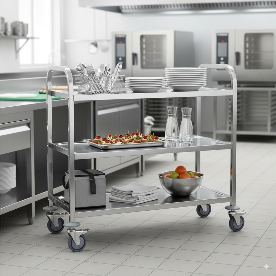 Mahlzeit Edelstahl Servierwagen mit 3 Etagen | 101,5 x 95 x 48,5 cm | Servicewagen mit Rollen und Fe