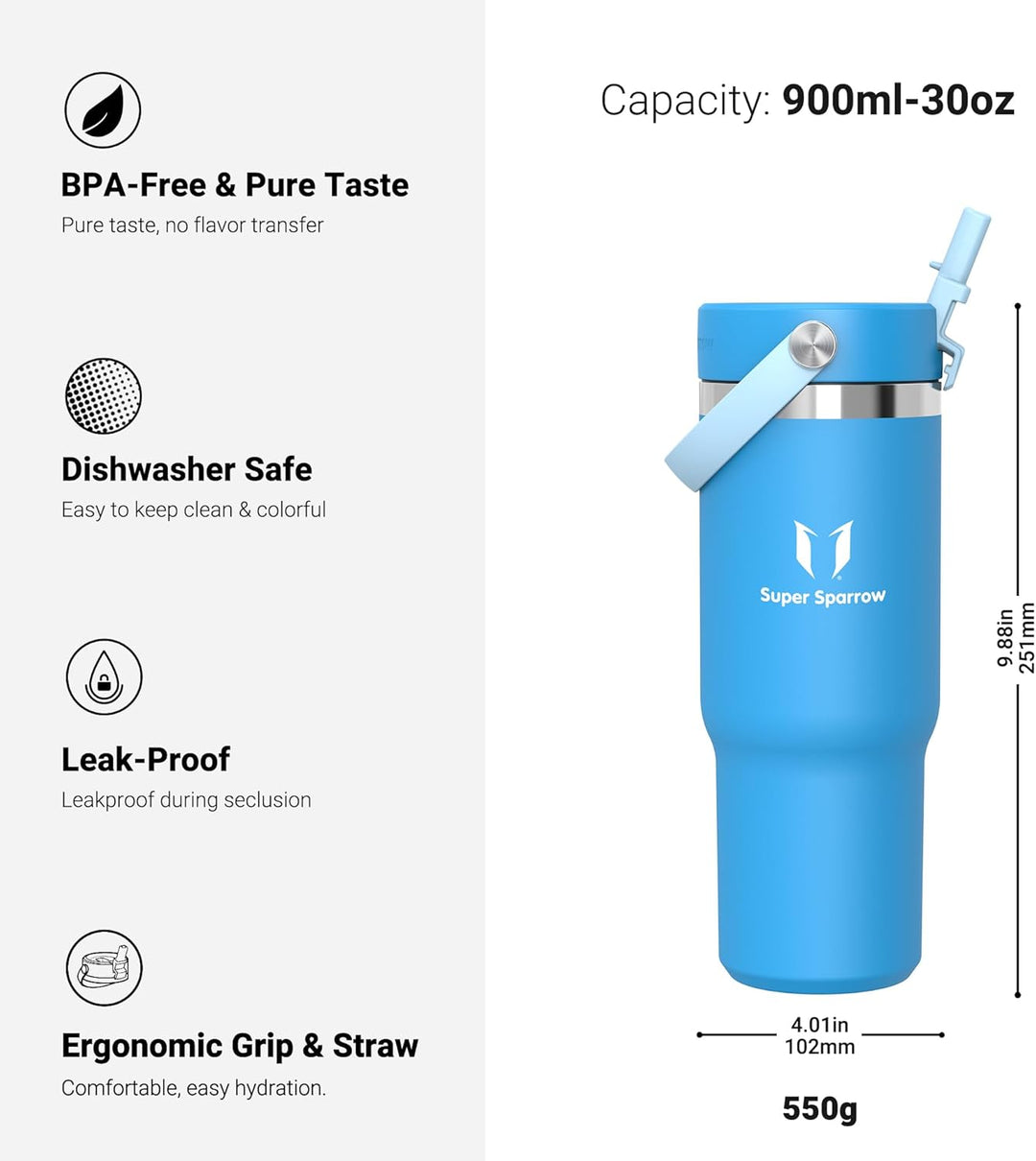 Sparrow Trinkflasche Edelstahl - Twistpath Thermosflasche mit Flex-Strohhalmdeckel - 900ml - BPA-fre