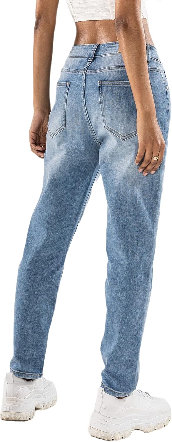 Nina Carter Damen Boyfriend Jeanshosen High Waist MOM Jeans Cutted Knee Used-Look Waschungseffekt XS