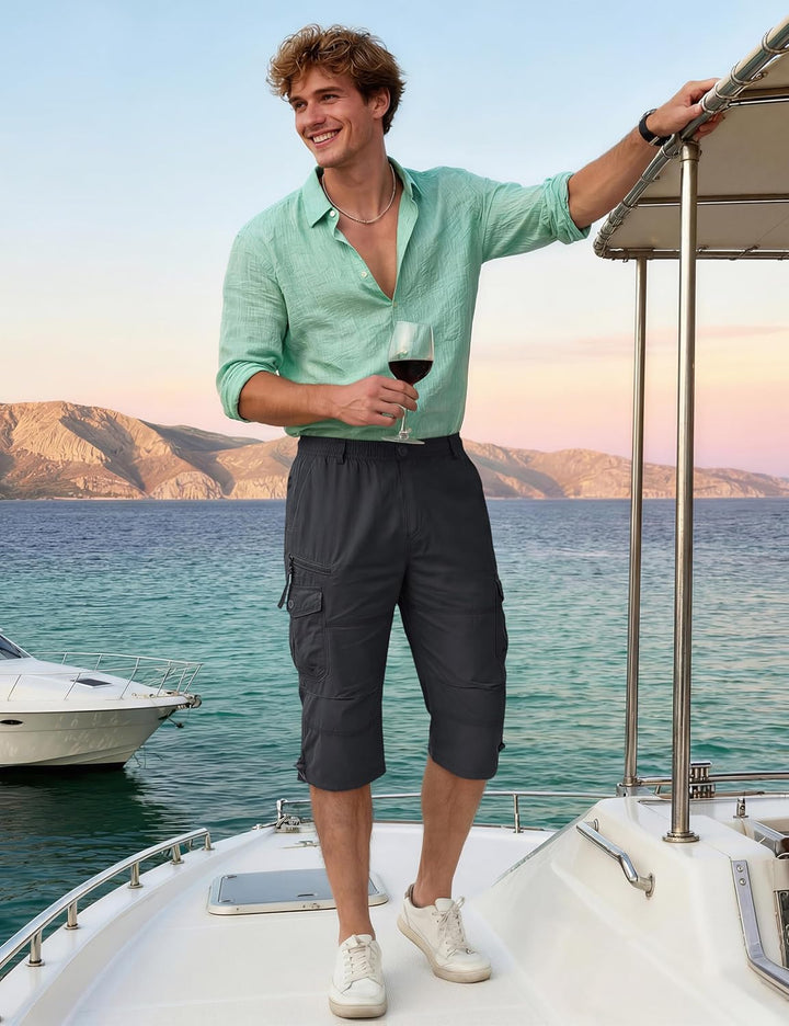 KEFITEVD 3/4 Hose Herren Cargo Shorts Männer Bermuda Shorts Multi Taschen Sommer Kurze Hose Baumwoll