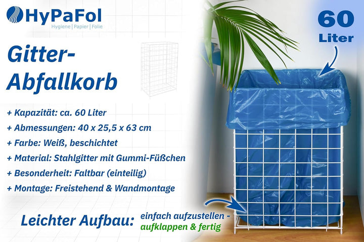 Hypafol Abfallkorb 60 Liter Fassungsvermögen | zum Hängen oder Stellen | Stabil, Weiss, aus Metall |