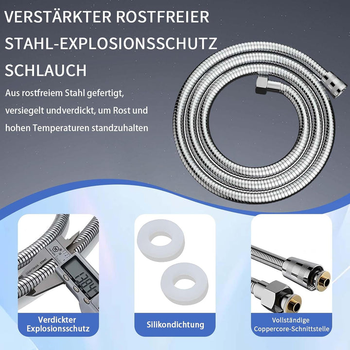 Verchromter Duschkopf mit Schlauch und Wandhalterung – 4-Tasten Handbrause mit 8 Strahlarten, Glänze