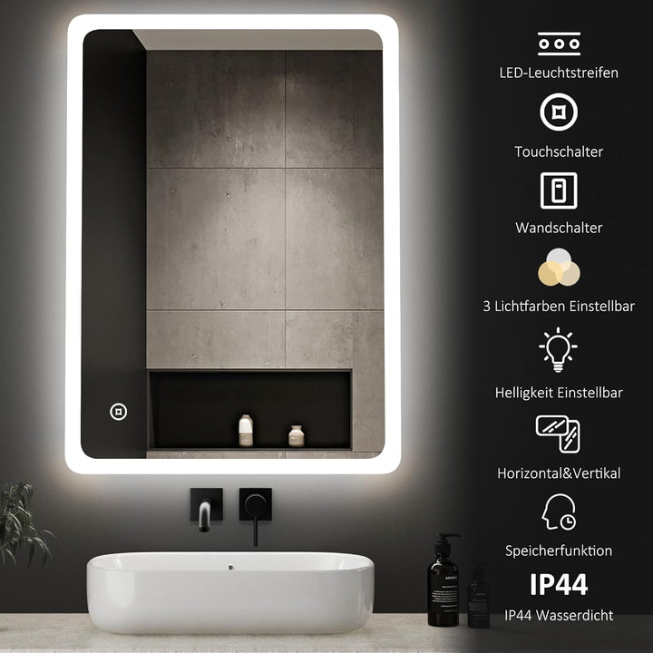 Boromal LED Badspiegel 40x60cm Badezimmerspiegel mit Beleuchtung 3 Lichtfarbe Dimmbar 3000-6500K 194