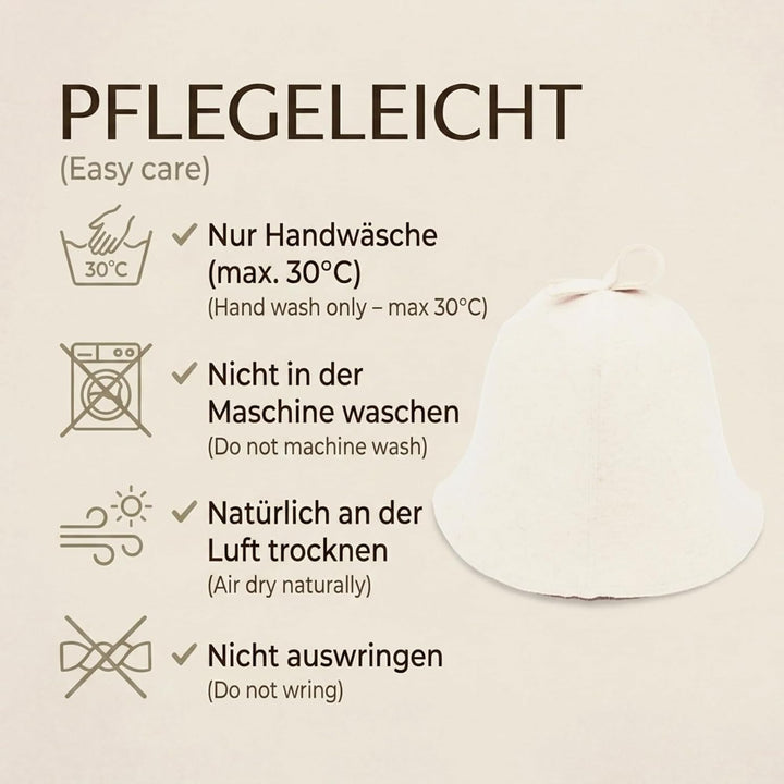 Ger3as Saunahut 100% Wollfilz mit Haken für Damen und Herren, Wellness Mütze Premium Qualität Filz S