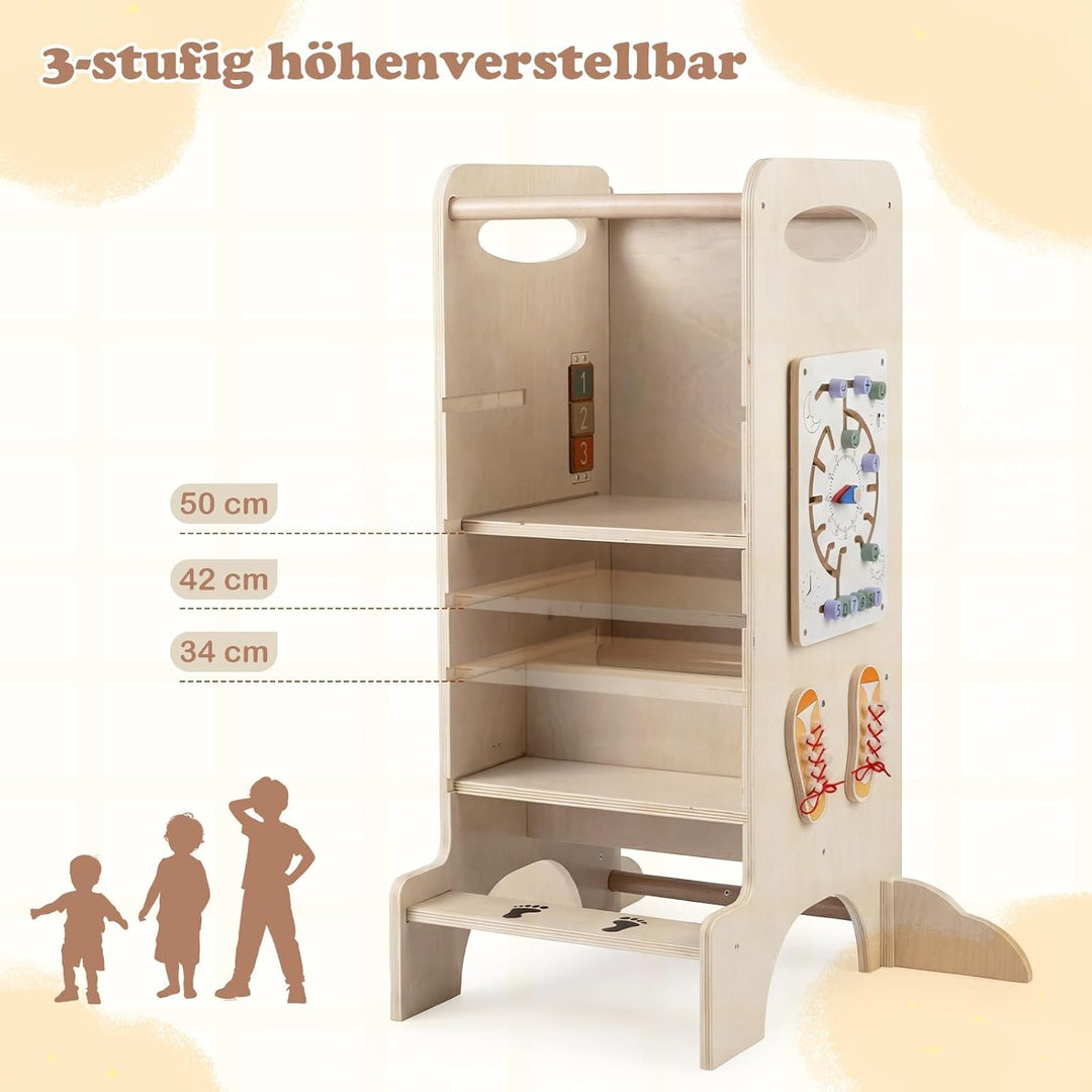 COSTWAY 4 in 1 Lernturm mit Spieltablett, Tritthocker Montessori mit 3 verstellbaren Höhen &amp; Abnehmb