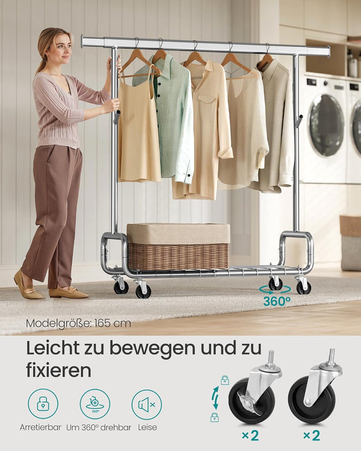 SONGMICS Kleiderständer, Schwerlast-Garderobenständer, auf Rollen, ausziehbare Kleiderstange, verste