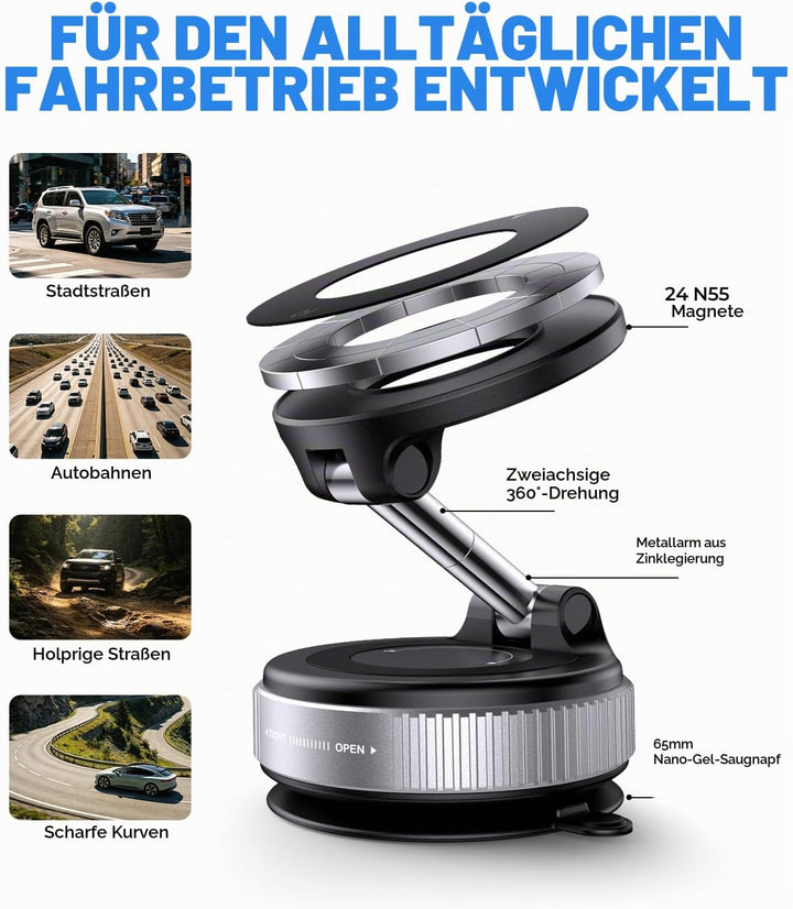 Magnetische Handyhalterung fürs Auto – Silber, mit Nano-Gel Saugnapf, 360° Verstellbar &amp; Faltbar, ko