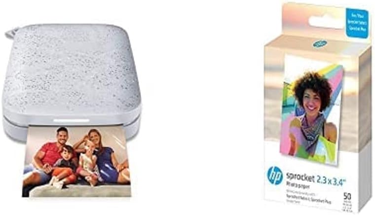 HP Sprocket Tragbarer Fotodrucker (Weiss) und Sprocket 2x3 Zink Fotopapier, 50 Blatt Weiss Packung m