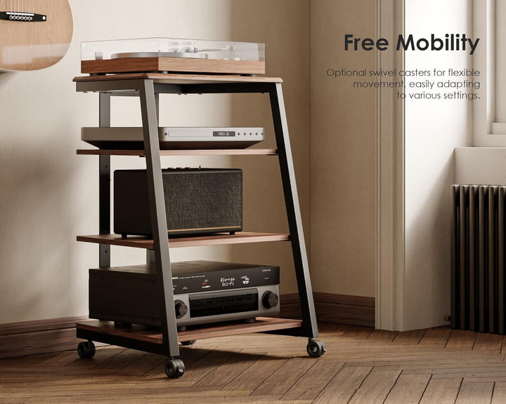 FITUEYES Design HiFi Rack aus Holz &amp; Stahl, Plattenspieler Tisch mit verstellbaren Ablage, HiFi Rega