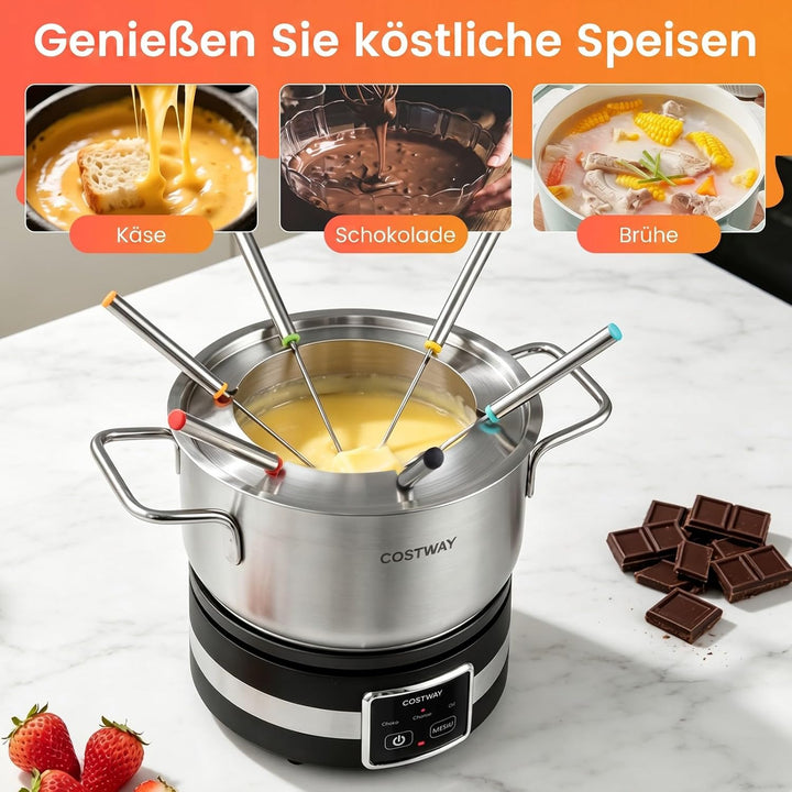 COSTWAY Fondue elektrisch Set, 1200W Fondueset mit 8 farblich markierten Gabeln & Gabelhalter, 2,3l