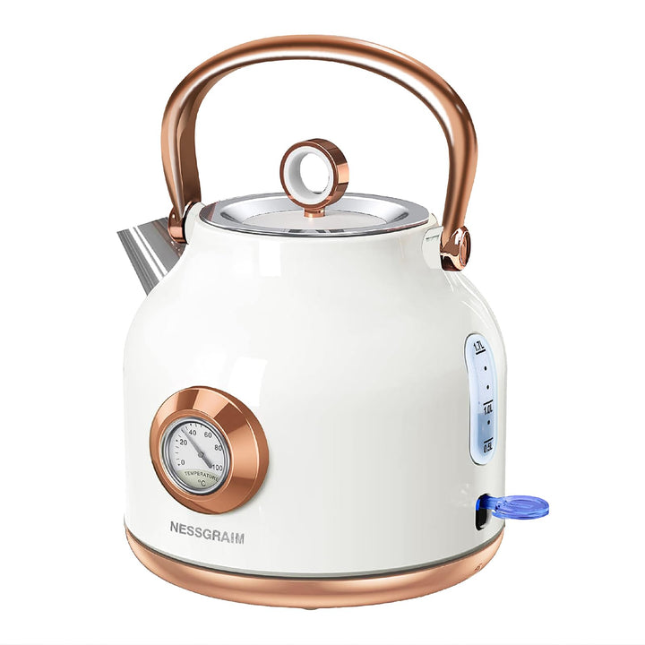 NESSGRAIM Retro Wasserkocher, 1,7 l Edelstahl-Teekessel mit Grosser Temperaturanzeige, 2200W Schnell