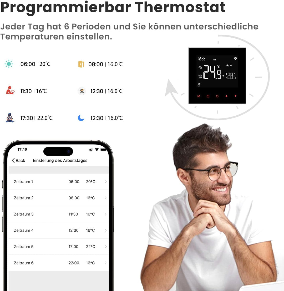 AVATTO Thermostat für Wasser-Fussbodenheizung Stellantrieb Smart WiFi Thermostat Programmierbar Raum