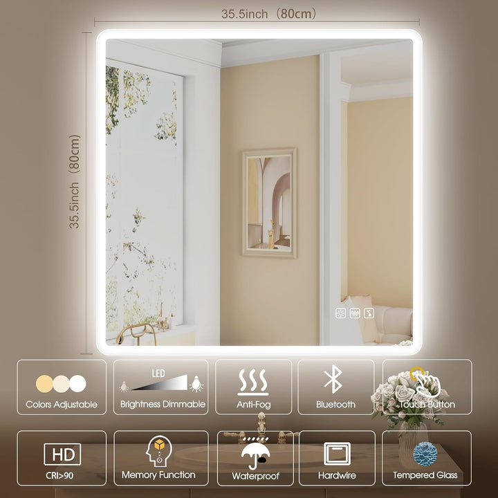 STARLEAD Badspiegel-mit-Beleuchtung 80x80 cm, LED-Bad-Spiegel-mit Bluetooth, Entfoggen, IP44 Badezim