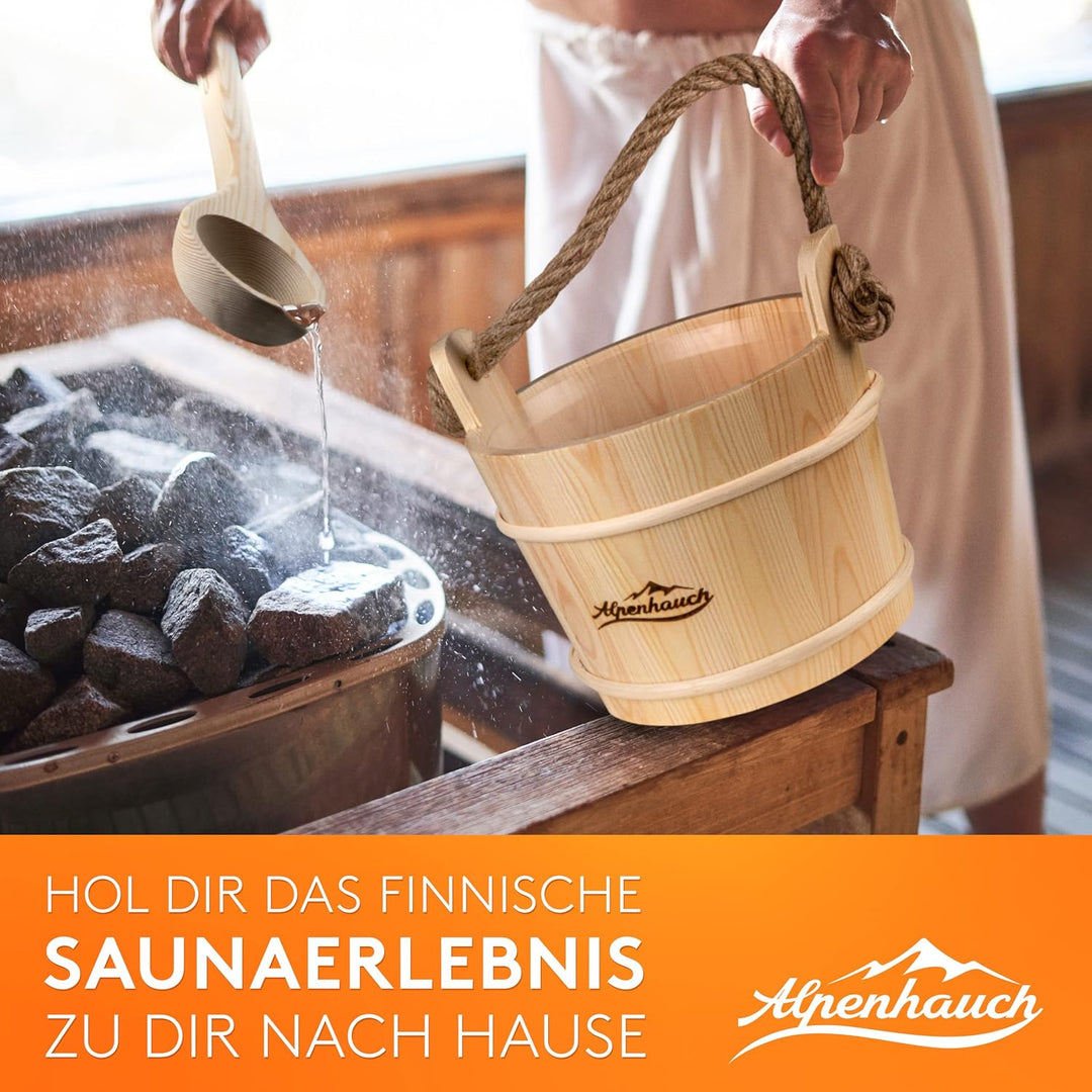 ALPENHAUCH Sauna Eimer mit Kelle [100% Naturholz] - Edler Saunakübel mit komfortablem Hanftrageseil