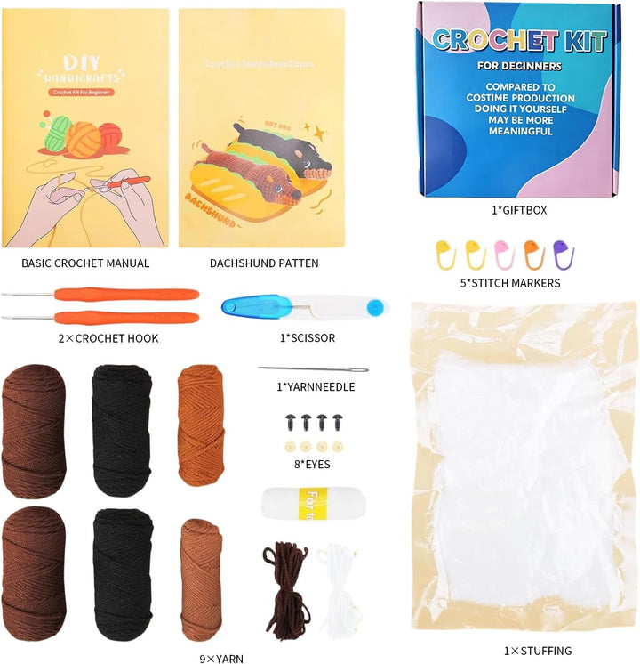 SHYSBV Häkelset für Anfänger Set- Tier Kit mit Dackel, komplettes Garn Set mit Häkelnadeln, Zubehör