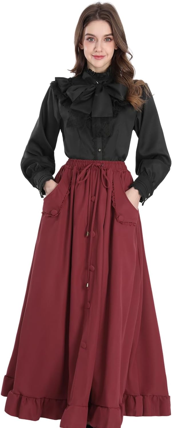CR ROLECOS Schleifenhemd Stehkragen mit Ruff Langarmshirt Mittelalter Bluse rüschen Button Down Top