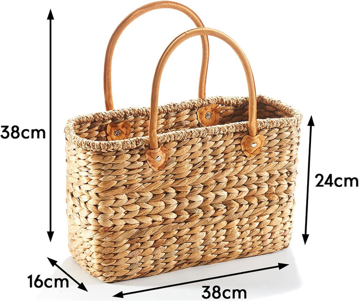 Kobolo - Korbtasche aus Wasserhyazinthe mit Lederhenkeln - 38x16x24 cm - Handgefertigte Strandtasche