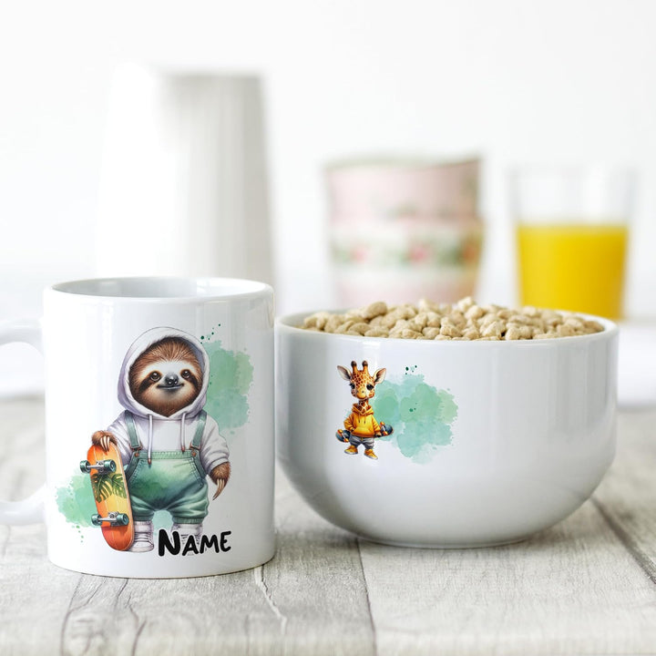 GRAZDesign Frühstücksset Müslischale Tasse Set für Jungs Skater Keramik inkl. Geschenkbox mit Müsli