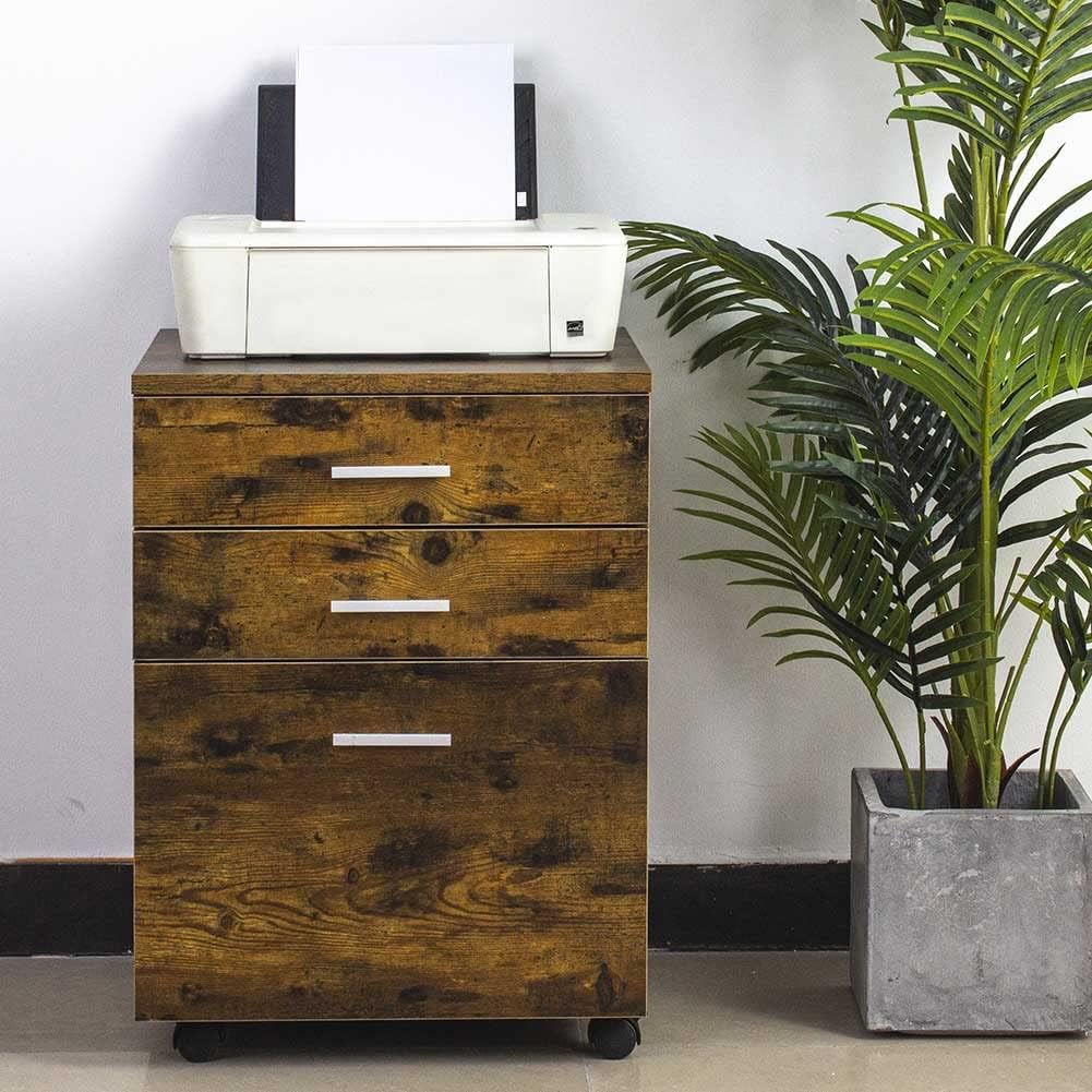 BAKAJI Kommode Schreibtisch Druckerschrank aus MDF-Holz mit 3 Schubladen und 4 drehbaren Rädern, mod