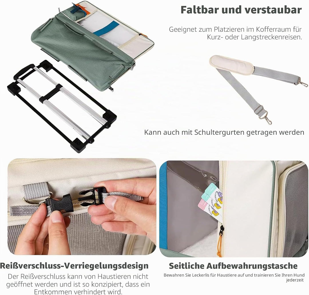 PETCUTE Haustier-Transporttasche mit Zwei Fächern und Abnehmbaren Rädern,Atmungsaktiv,Katzentrage fü