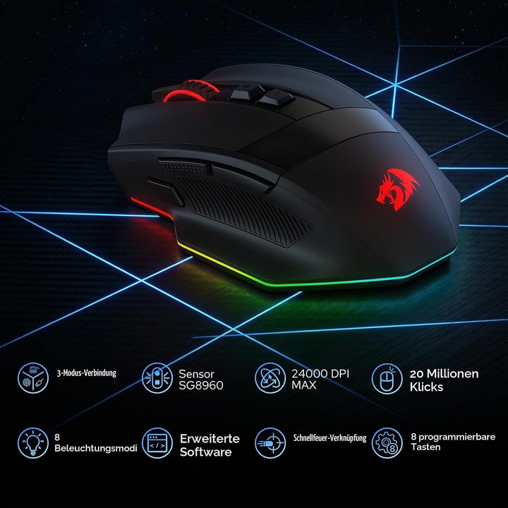 Redragon M923 PRO 3-Mode RGB Gaming Maus, Optische Ergonomische Gamer Maus mit Max 24.000 DPI, Pro P