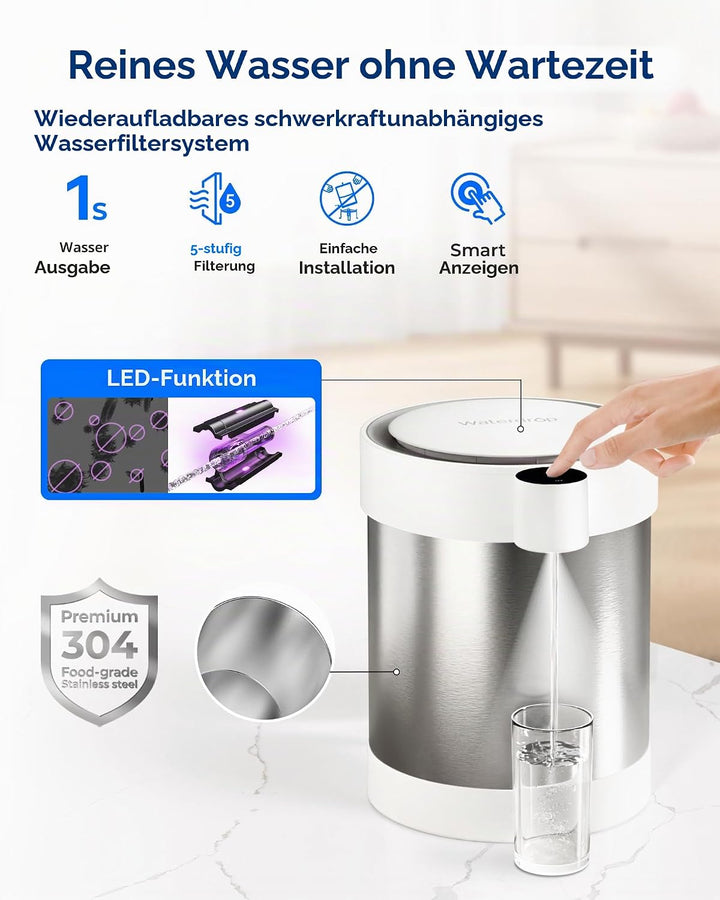Waterdrop Edelstahl Wiederaufladbarer Wasserfilterspender mit LED Funktion, WD-ED09W 5,3L 3 Monate W