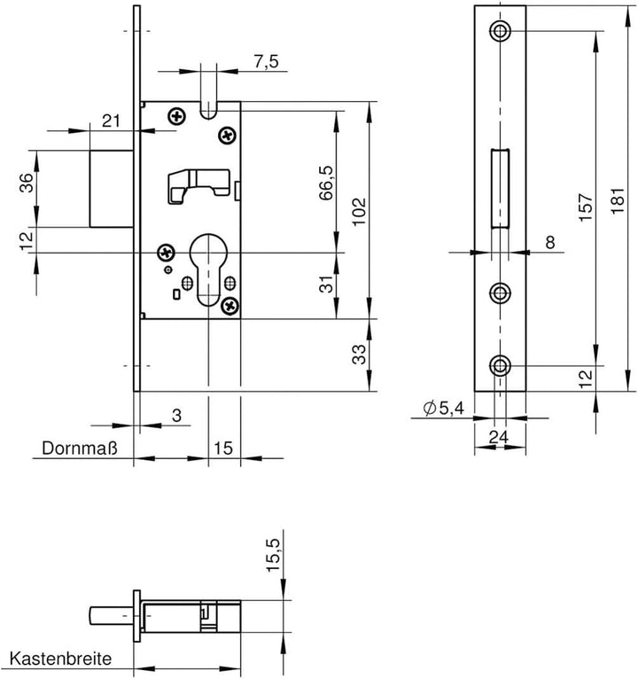 WILKA Riegel-Schloss 038R | Dornmass 40 mm | Stulpe 181 mm flach Edelstahl | 1 Stück, 40 mm