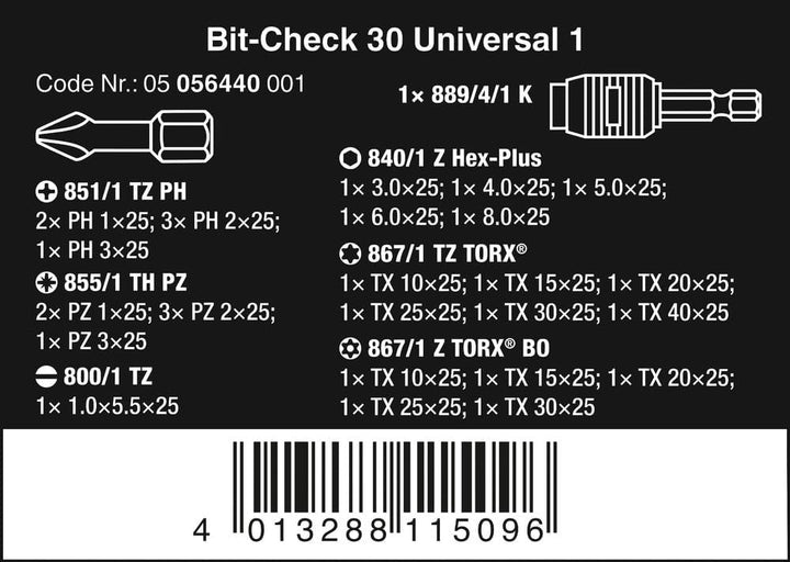 Wera Bit-Sortiment, Bit-Check 30 Universal 1, 30-teilig, 05056440001