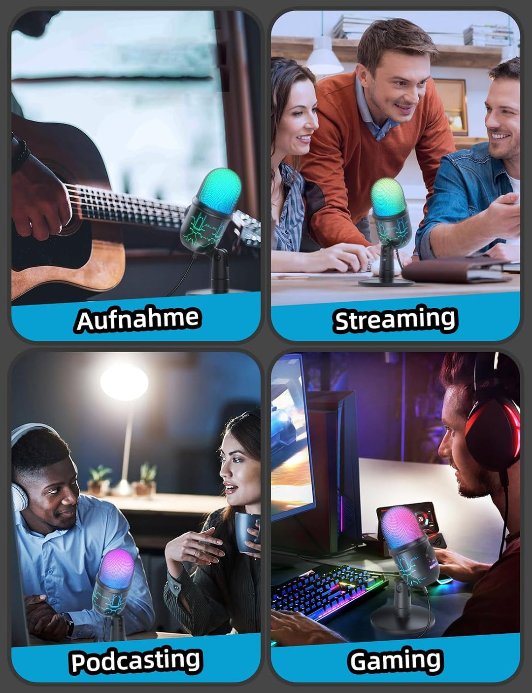 MRSDY USB-Gaming-Mikrofon für PC mit Rauschunterdrückung | Stummschalten, Verstärkung, RGB, Kondensa