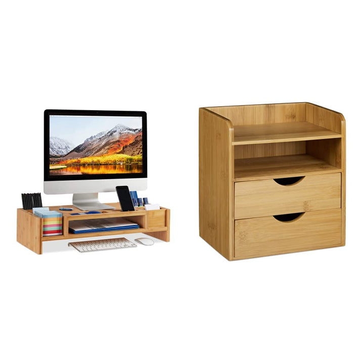 Relaxdays Monitorständer, 14 Fächer, 15x65x28 cm, Natur &amp; Schreibtisch-Organizer: 21x20x13cm Ablages