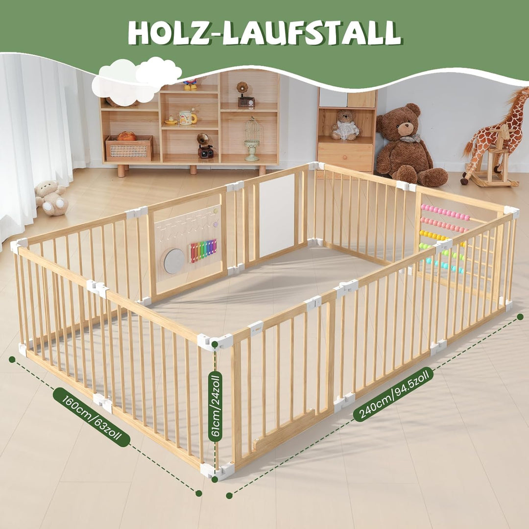 240x160x61cm Baby Laufgitter klappbar Laufstall Holz Kinder Activity Center mit Tür, musikalischem S