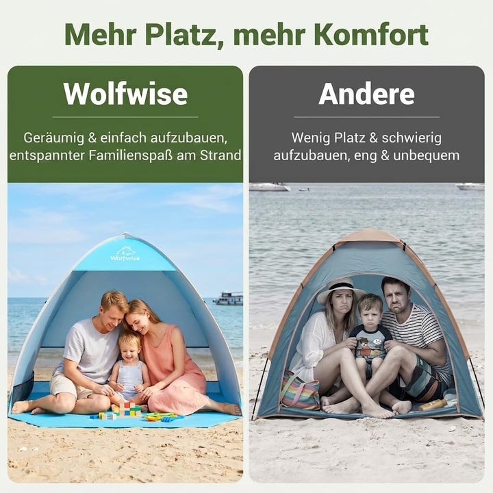 Wolfwise Strandmuschel Pop Up, Strandzelt mit UV-Schutz 50+, Sekundenschneller Aufbau, Wasserabweise