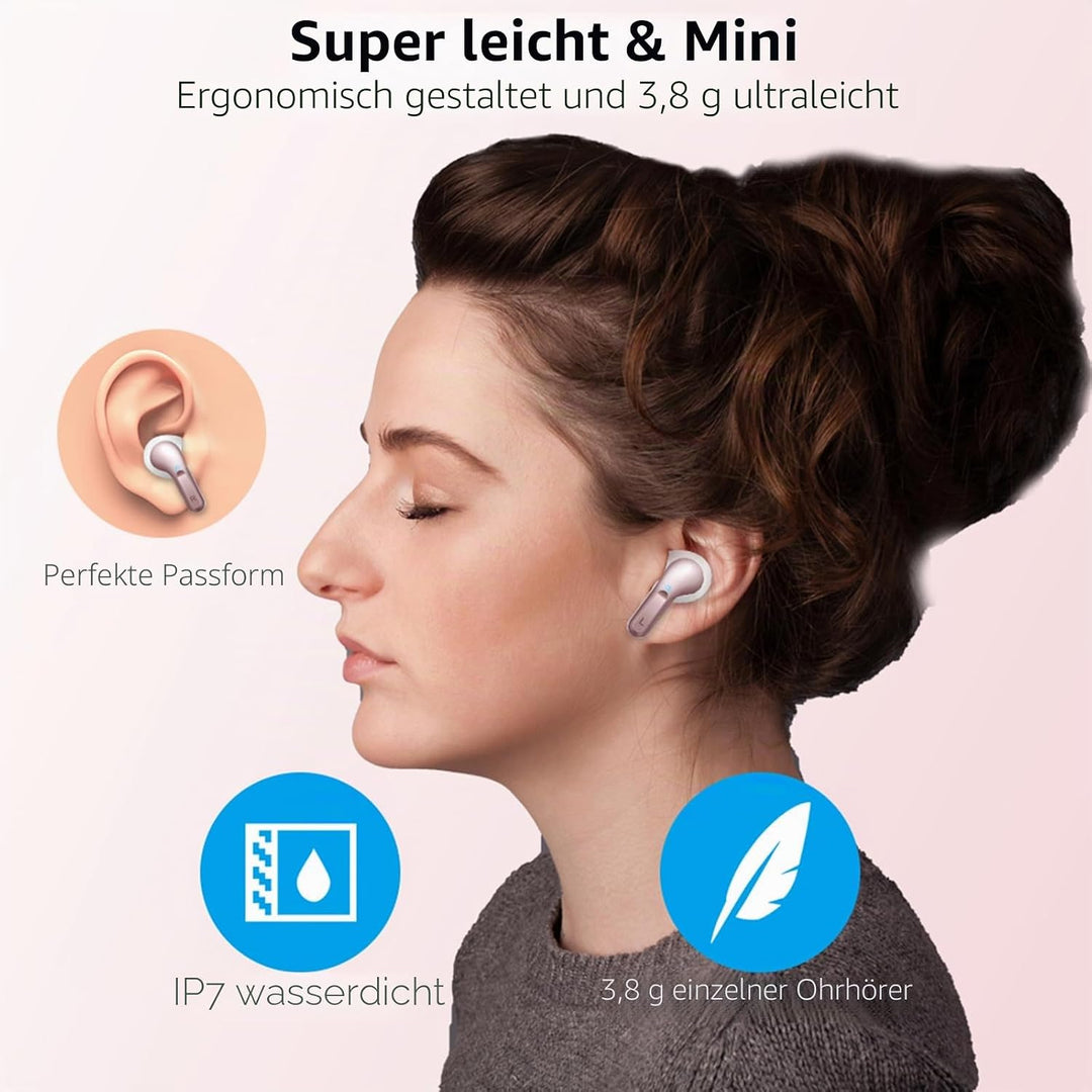 Ordtop Kopfhörer Kabellos Bluetooth, Stereo Tiefer Bass Wireless Earbud, ENC Noise Cancelling Mic, U