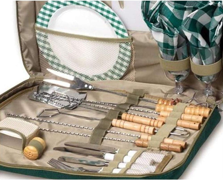 Picknicktasche mit praktischem Zubehör zum Grillen, Snacken und Lunchen, Metallgrill mit Geschirr u.