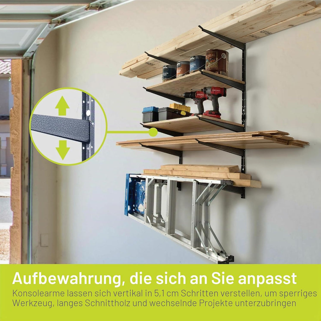 Delta Schwerlastregal – Wandmontiertes Holzregal für Garage, Schuppen, Keller – verstellbare Arme fü