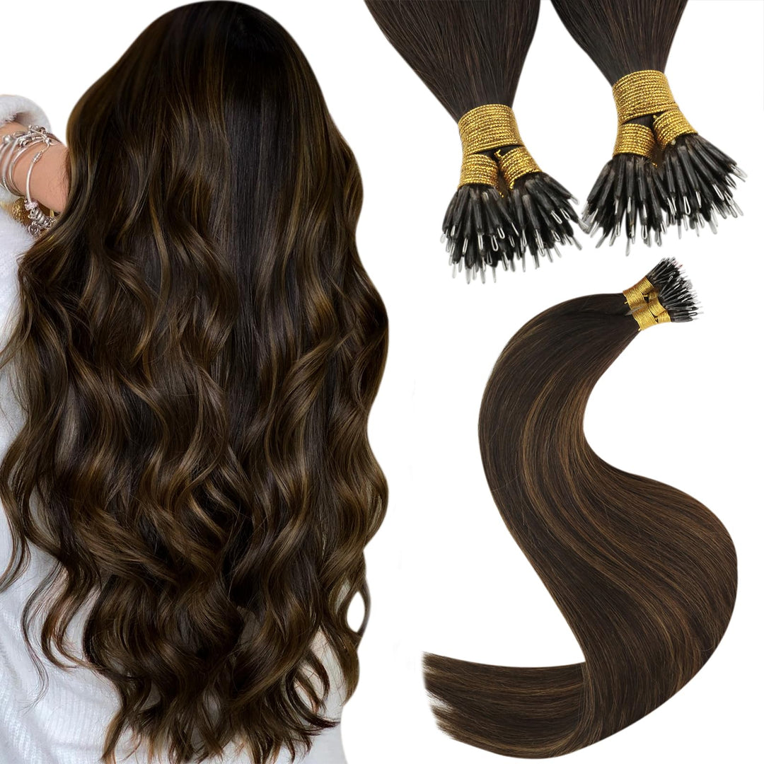 YoungSee Nanoring Extensions Echthaar Ombre Nano Extensions Echthaar Dunkelbraun Balayage Mittelbrau